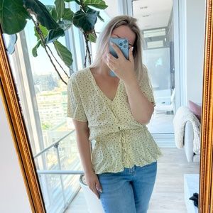 Frank And Oak Marigold Polka Dot Blouse Button Up + Drawstring / Cinched Waist